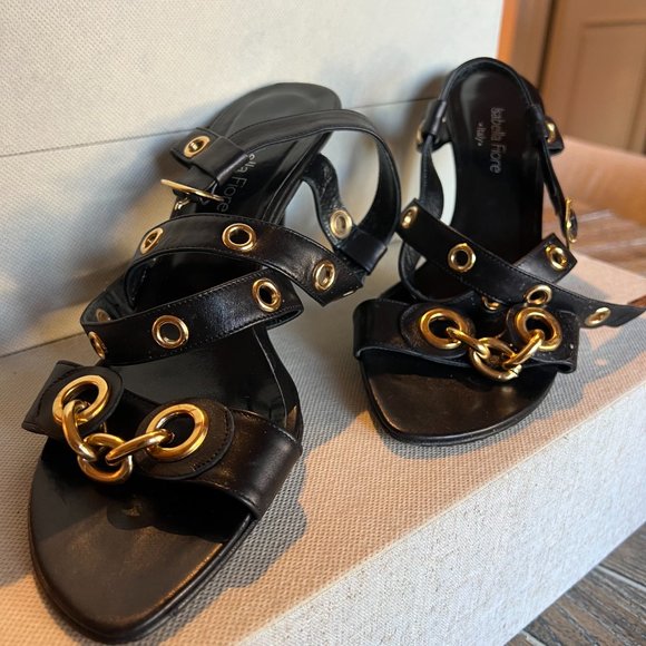 Isabella Fiore Italian Black Leather & Gold Chain Heels - Picture 2 of 7